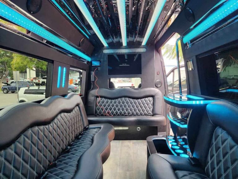 Mercedes Sprinter Limo interior with blue lights and leather seats
